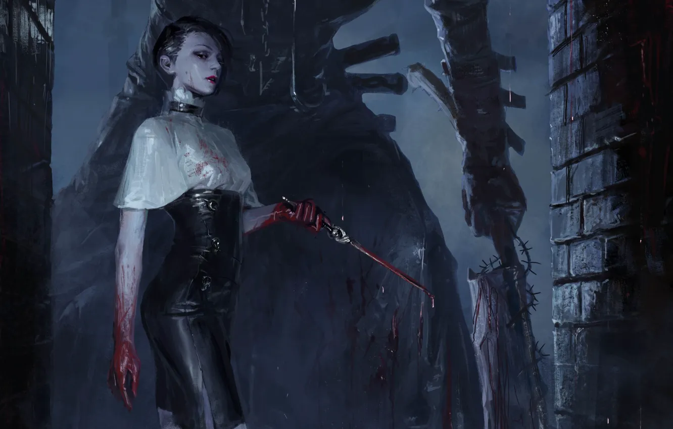 Photo wallpaper girl, night, Gothic, blood, figure, fantasy, art, knife