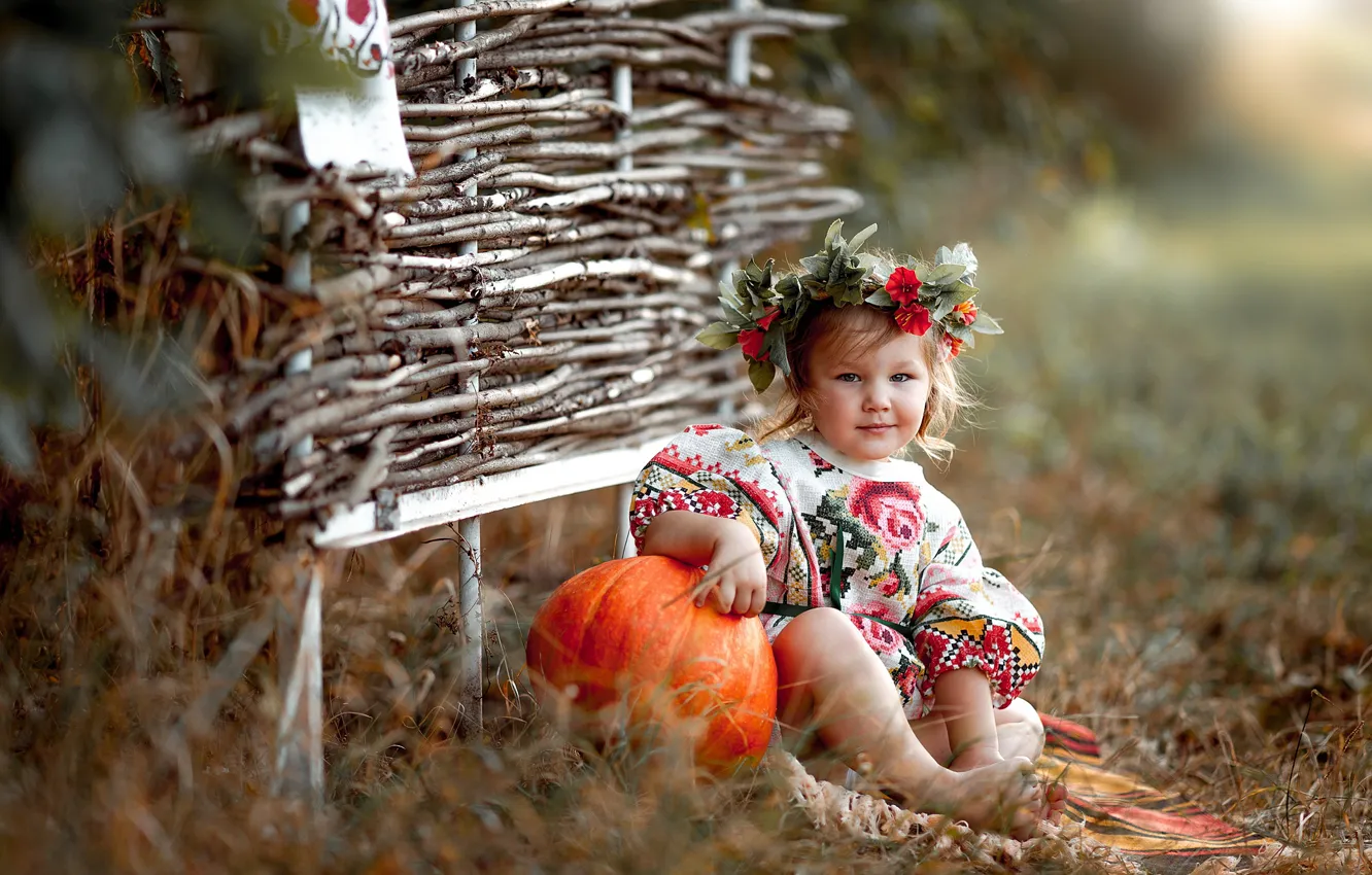 Photo wallpaper autumn, grass, nature, dress, girl, pumpkin, wreath, child