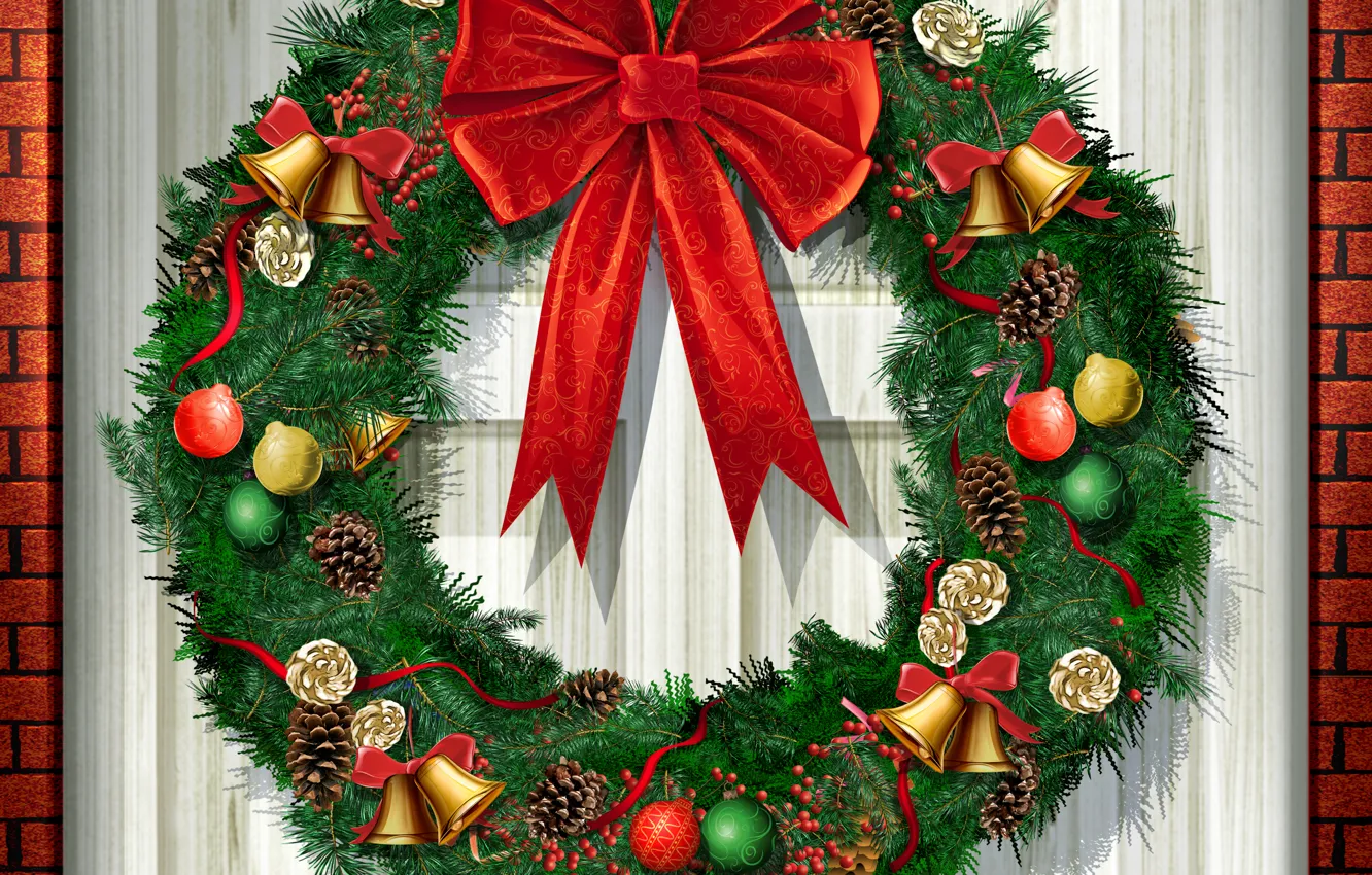 Photo wallpaper new year, the door, bow, fir wreath