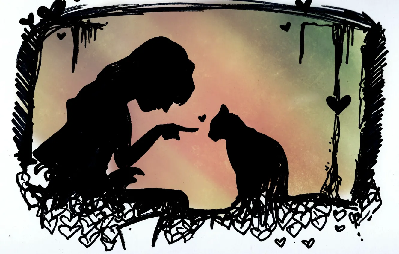 Photo wallpaper cat, girl, animal, silhouette, hearts