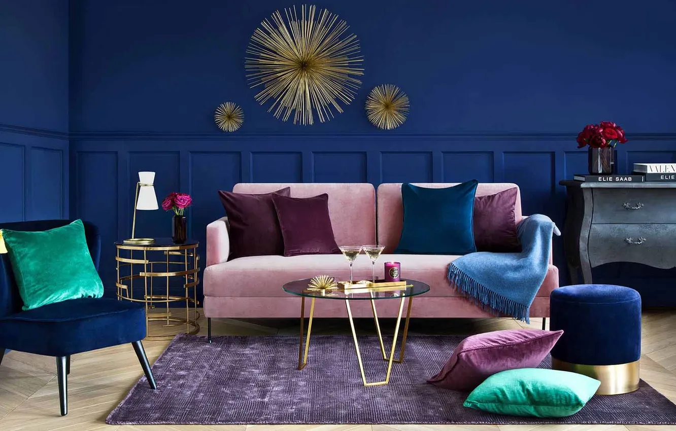 Photo wallpaper design, room, chair, living room, poof, blue color in the interior, grunge style, pink sofa