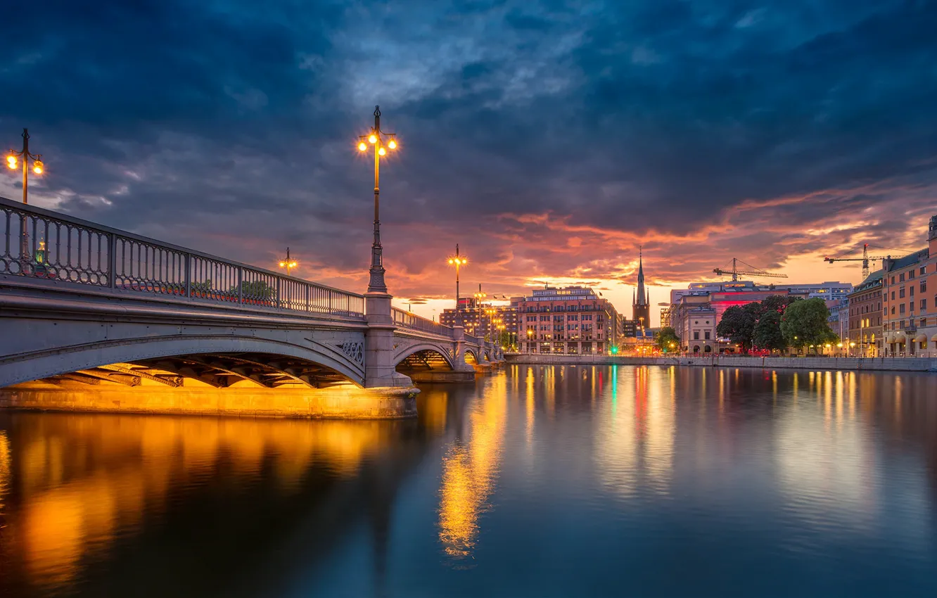 Photo wallpaper bridge, river, building, the evening, lights, Stockholm, Sweden, Sweden