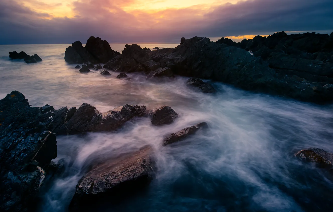 Photo wallpaper sea, the sky, clouds, sunset, stones, rocks, shore, the evening