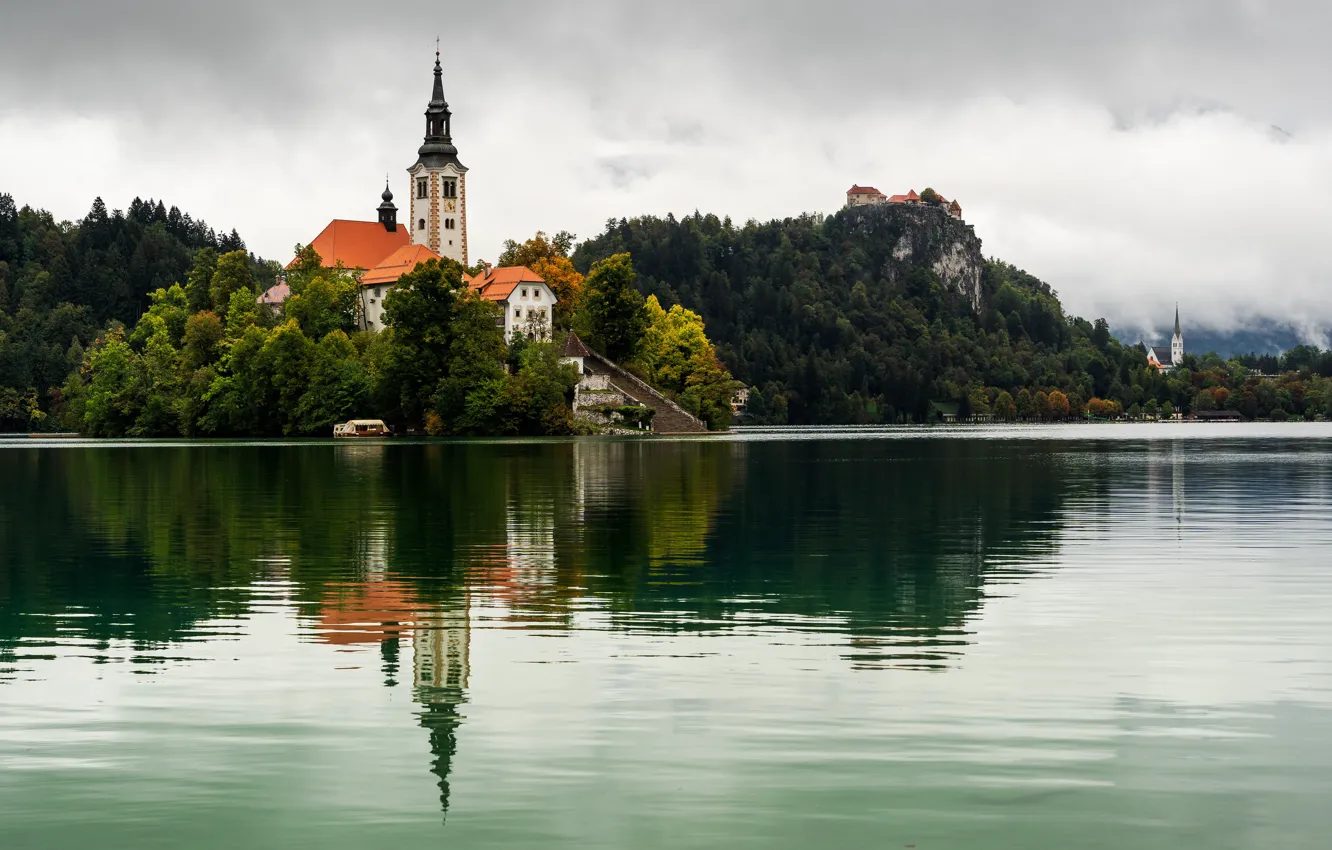 Photo wallpaper lake, shore, Church, pond