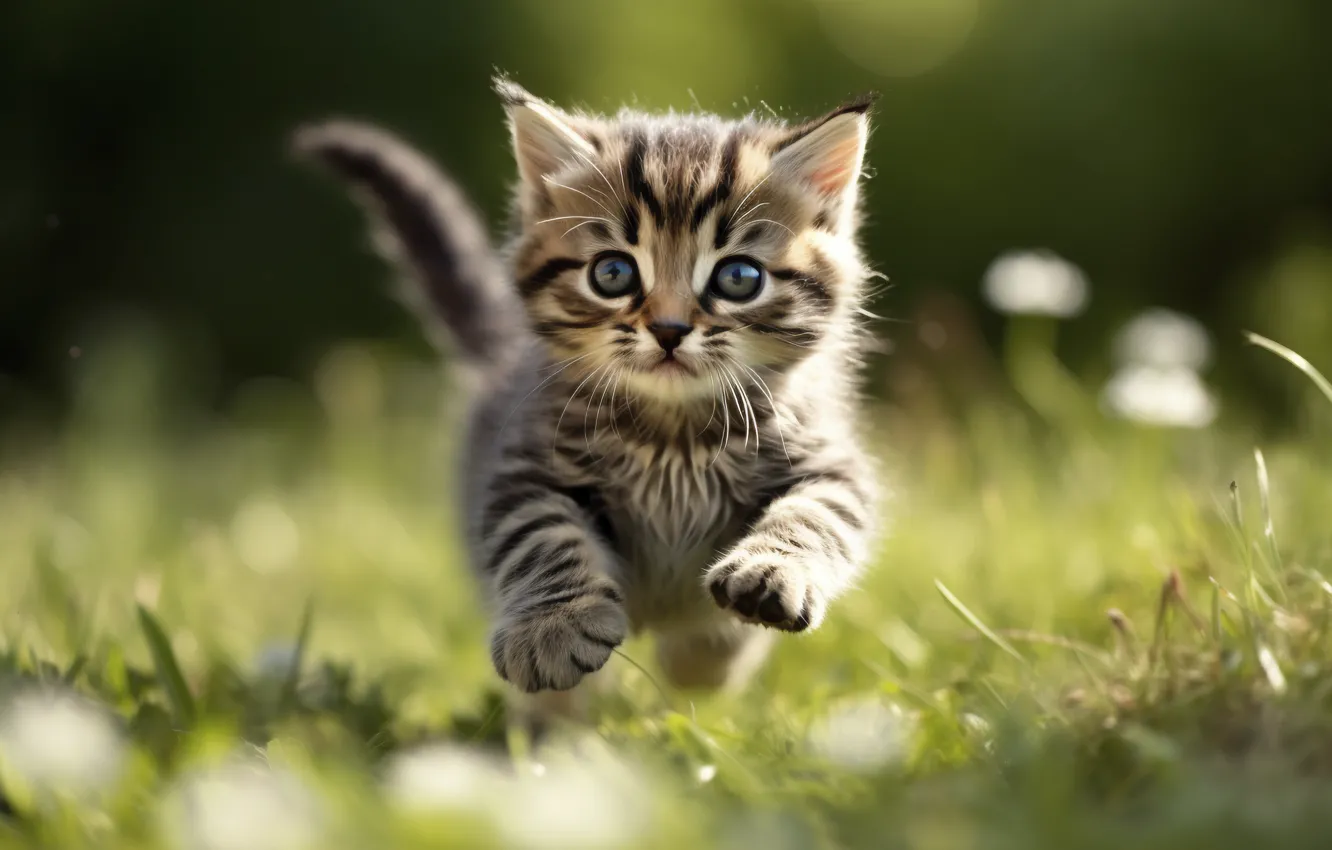 Photo wallpaper cat, grass, look, jump, kitty, face, digital art, AI art