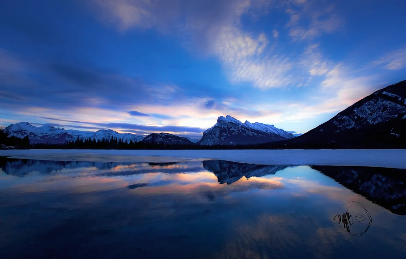 Photo wallpaper winter, the sky, mountains, lake, reflection, Canada, Albert, Banff National Park