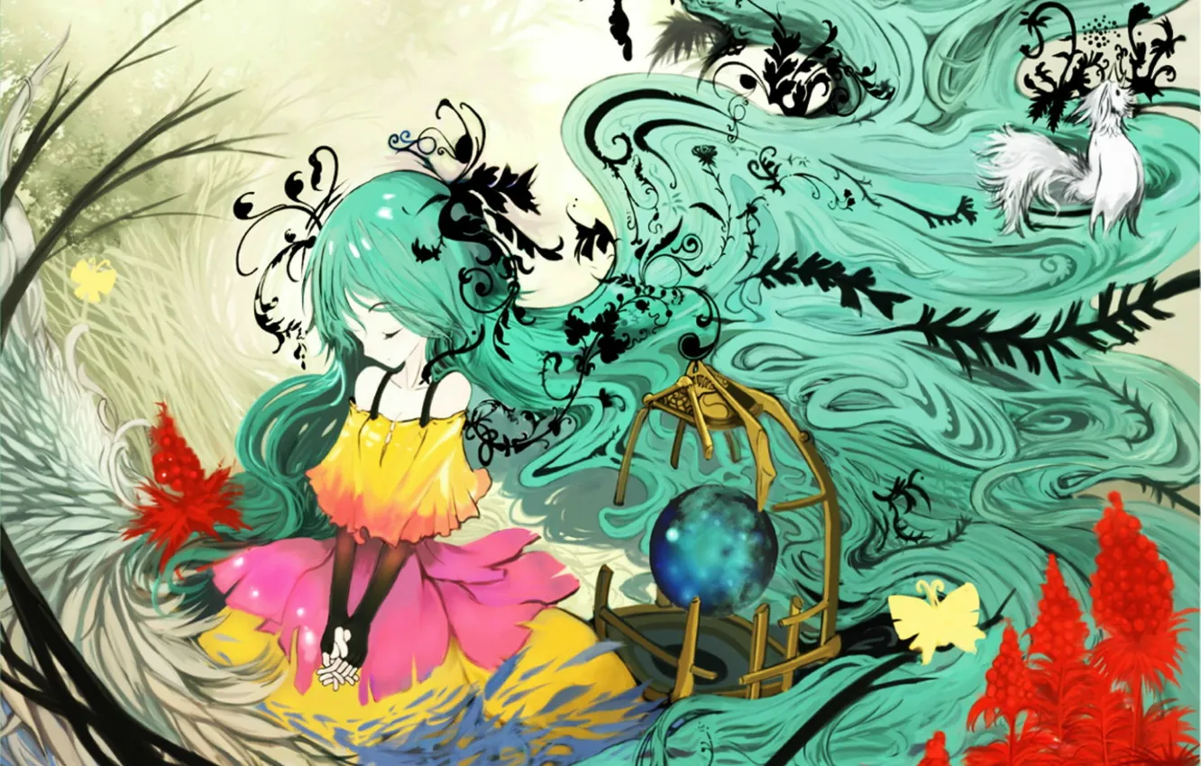 Photo wallpaper butterfly, plants, cell, dress, Hatsune Miku, Vocaloid, long hair, closed eyes