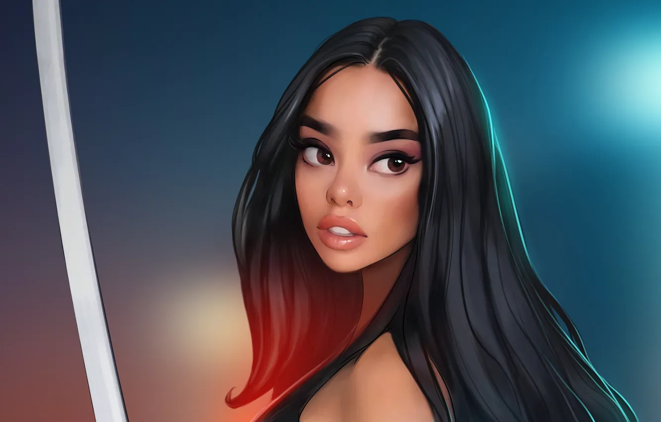 Photo wallpaper long hair, brown eyes, women, face, digital art, artwork, Mutant, black hair