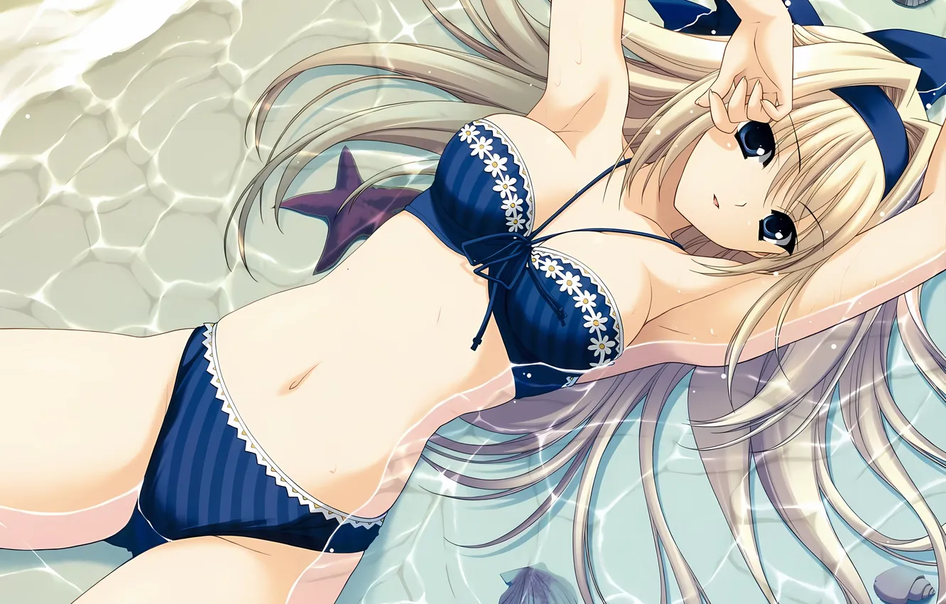 Photo wallpaper girl, sexy, cleavage, beach, long hair, boobs, anime, water