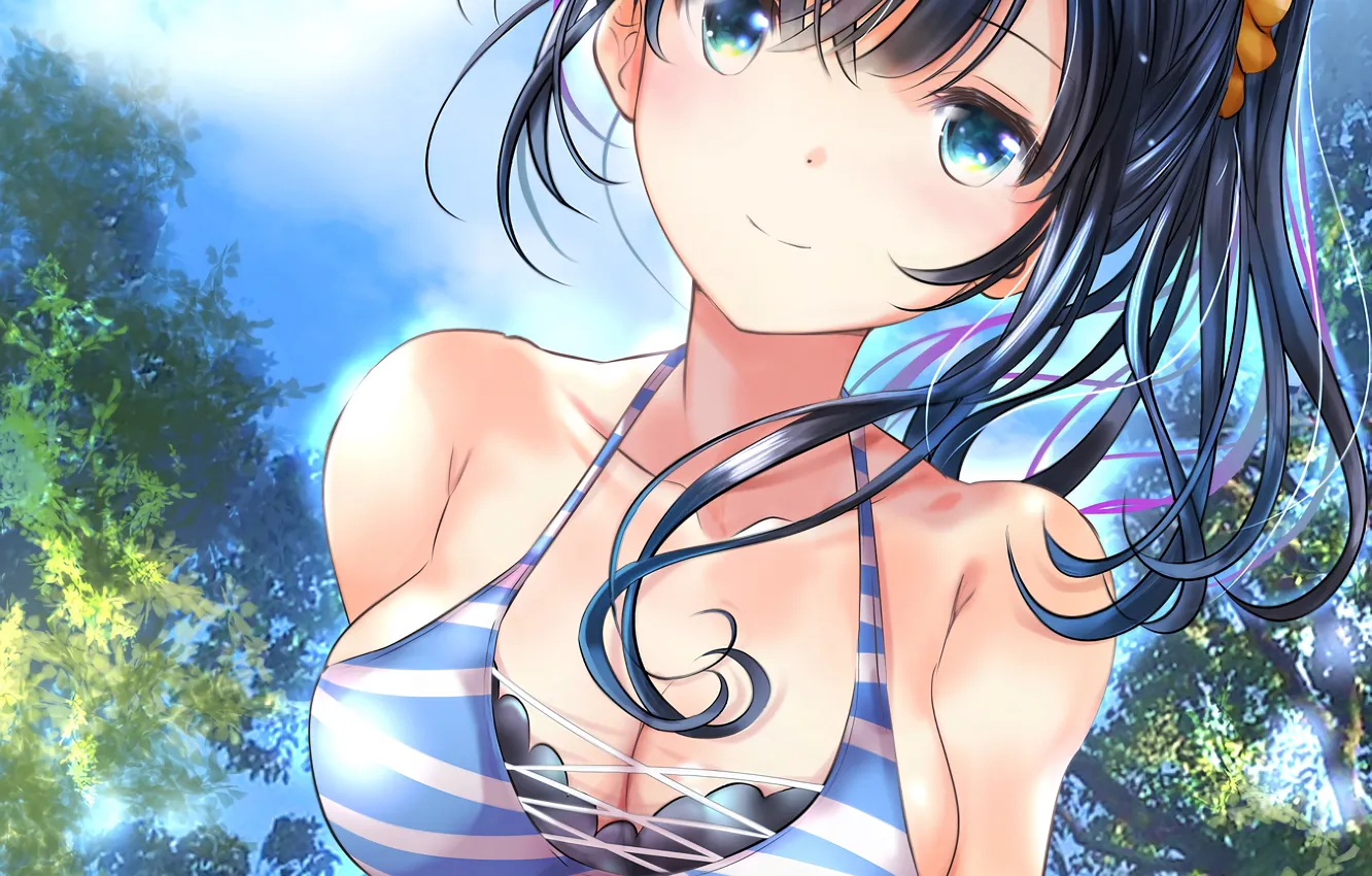 Photo wallpaper girl, sexy, cleavage, long hair, nature, boobs, anime, blue eyes