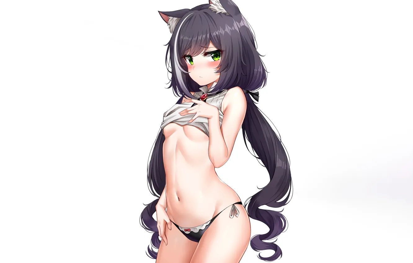 Photo wallpaper girl, sexy, lingerie, panties, green eyes, long hair, boobs, animal ears