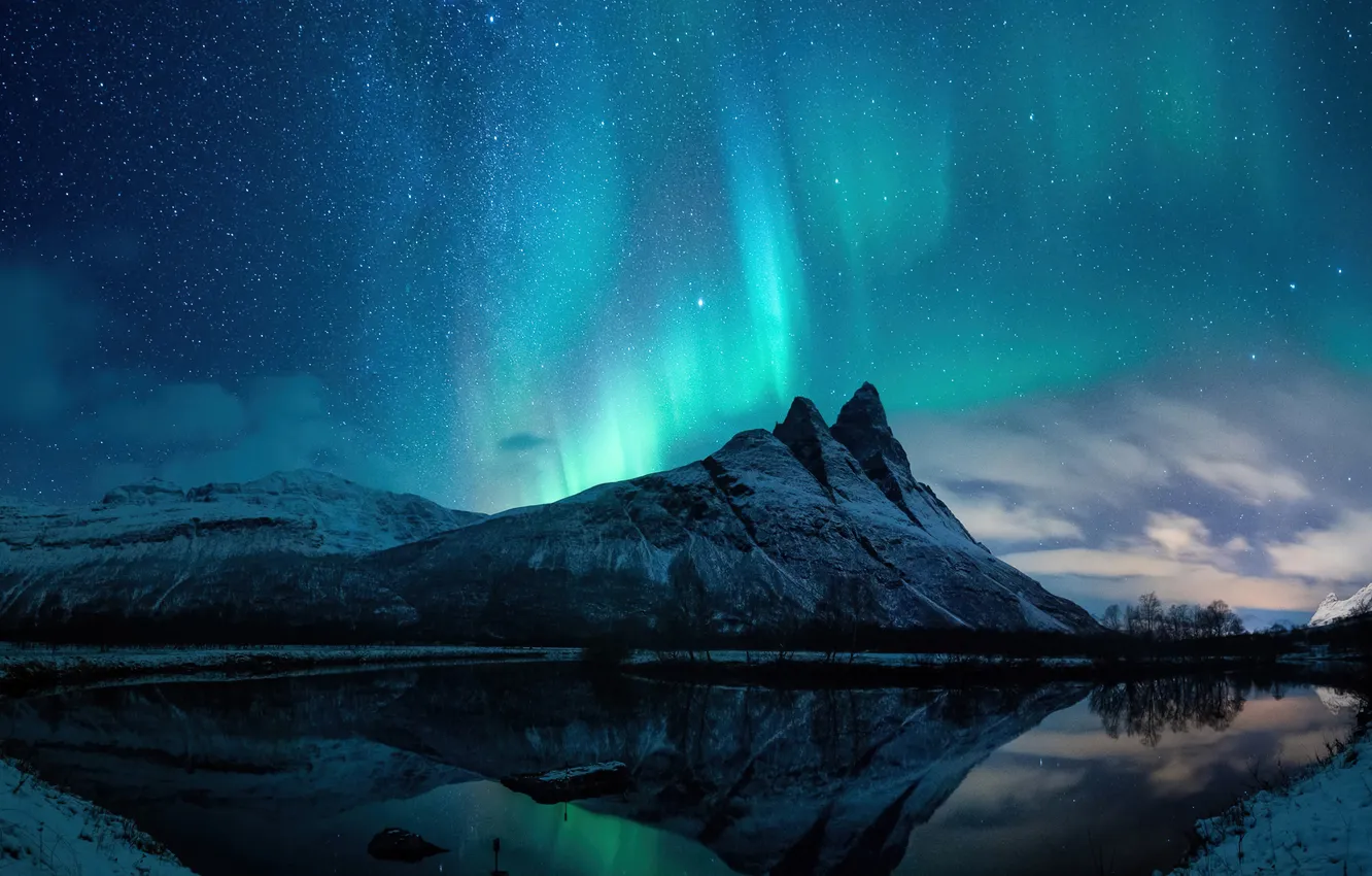 Photo wallpaper mountains, night, lake, Aurora, polar lights, the beauty of nature