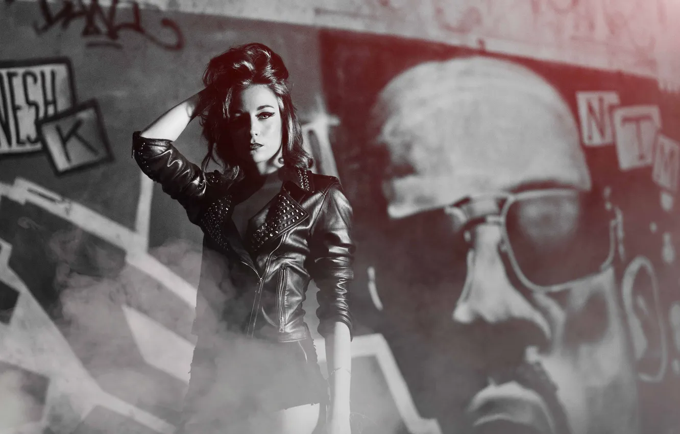 Photo wallpaper look, girl, face, graffiti, hair, black and white, leather jacket