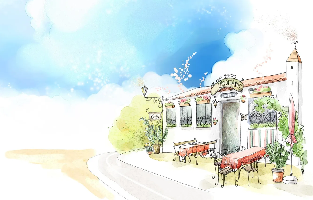 Photo wallpaper road, the sky, figure, watercolor, flashlight, cafe, sign, table