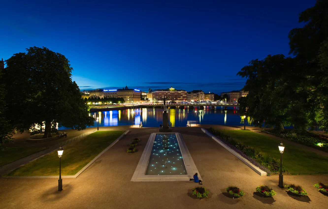 Photo wallpaper the sky, trees, night, lights, Park, home, lights, Stockholm