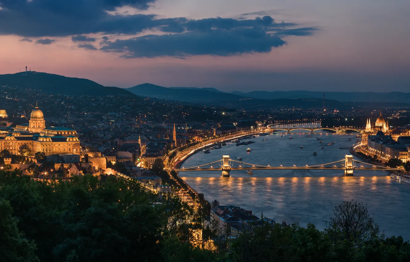 Photo wallpaper river, panorama, bridges, night city, Hungary, Hungary, Budapest, Budapest