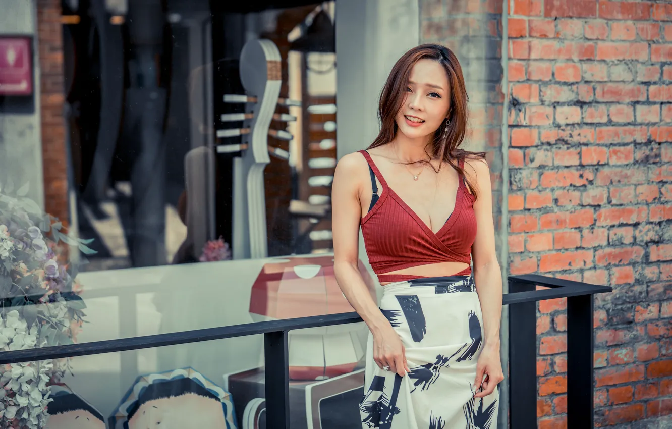 Photo wallpaper look, girl, sexy, hair, skirt, top, Asian