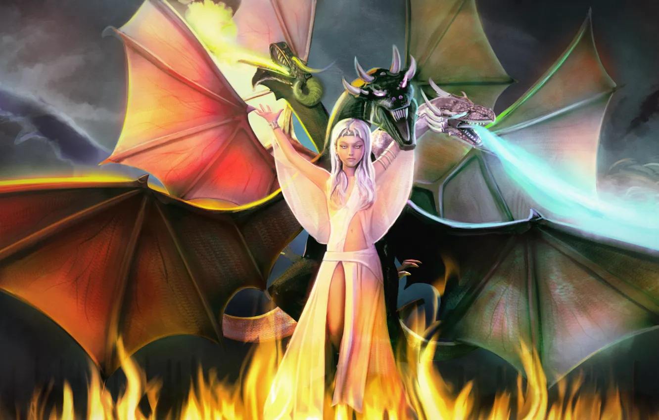 Photo wallpaper girl, dragon, white dress