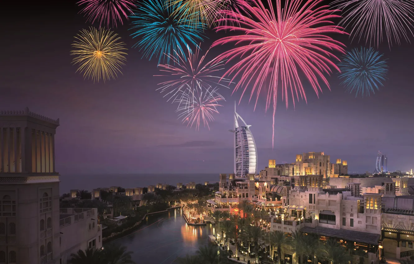 Photo wallpaper Dubai, Night, Fireworks, Jumeirah