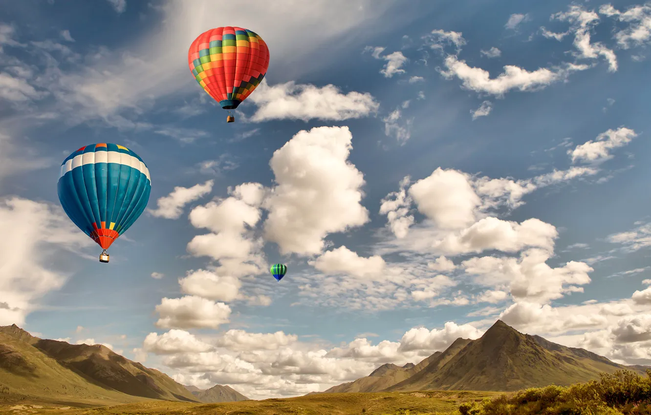Photo wallpaper the sky, clouds, mountains, balloon