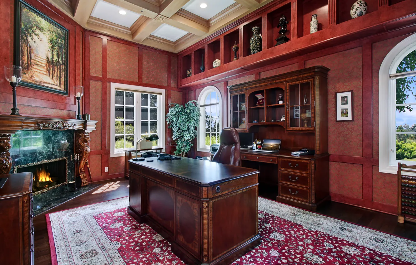 Photo wallpaper design, photo, table, carpet, interior, fireplace, living room