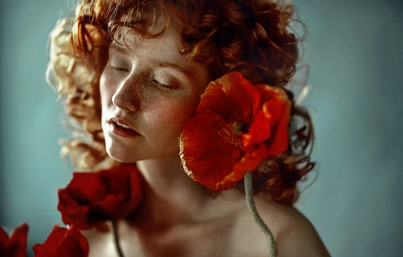 Photo wallpaper girl, flowers, face, background, mood, portrait, freckles, red