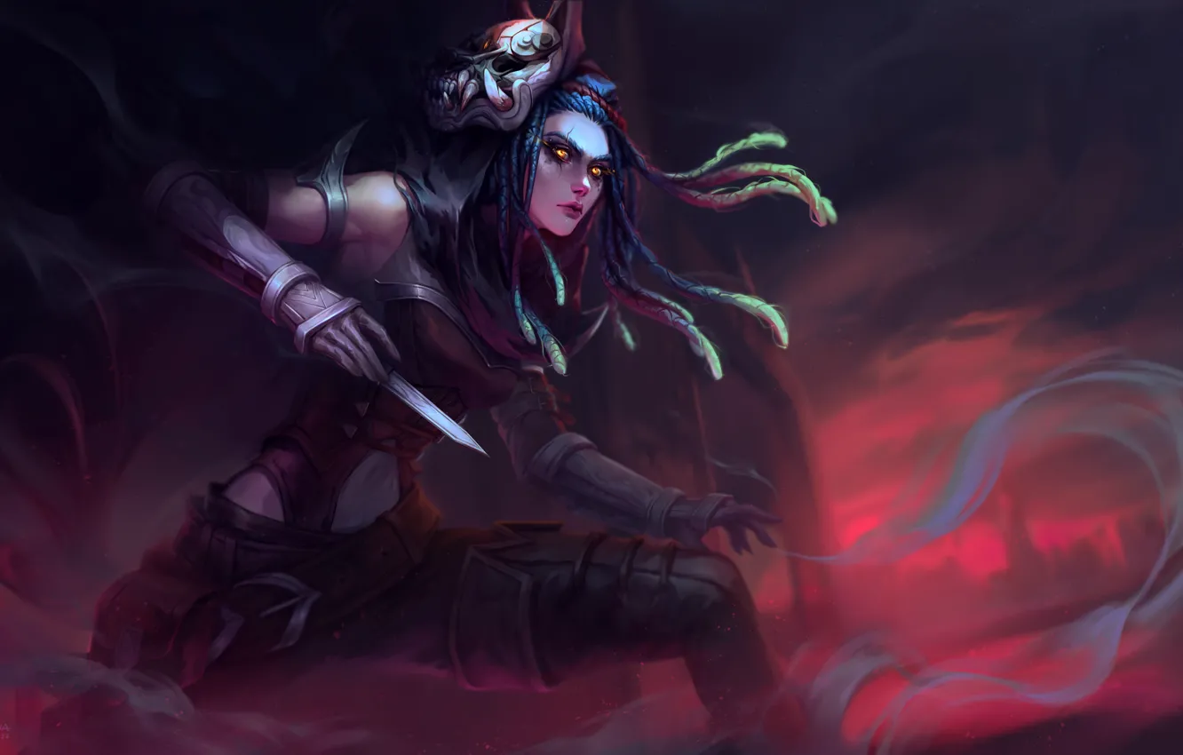Photo wallpaper mask, magic, dagger, smoke, blood, girl, fantasy, Dzikawa