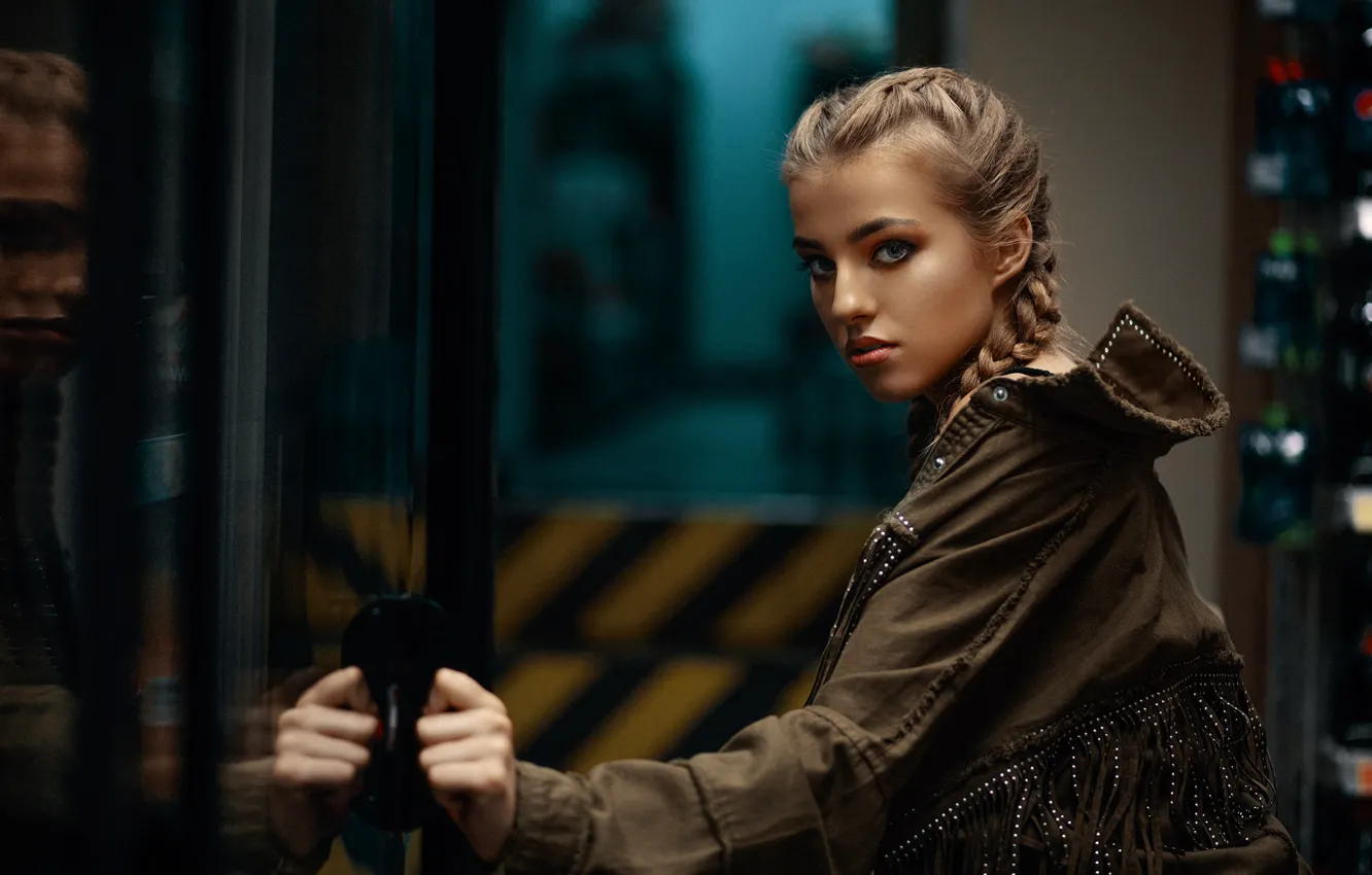 Photo wallpaper look, girl, face, jacket, braid, Janusz Żołnierczyk
