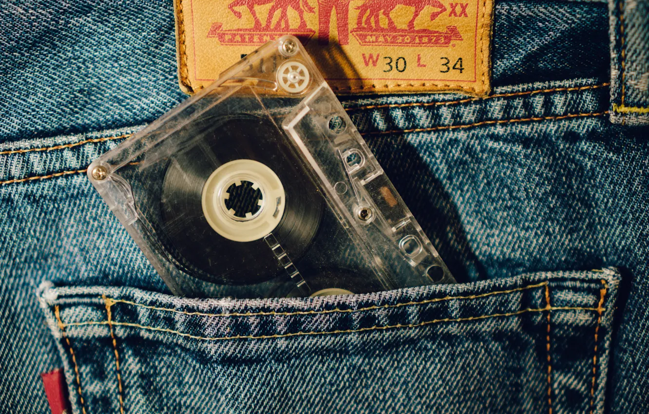 Photo wallpaper macro, music, cassette, jeans