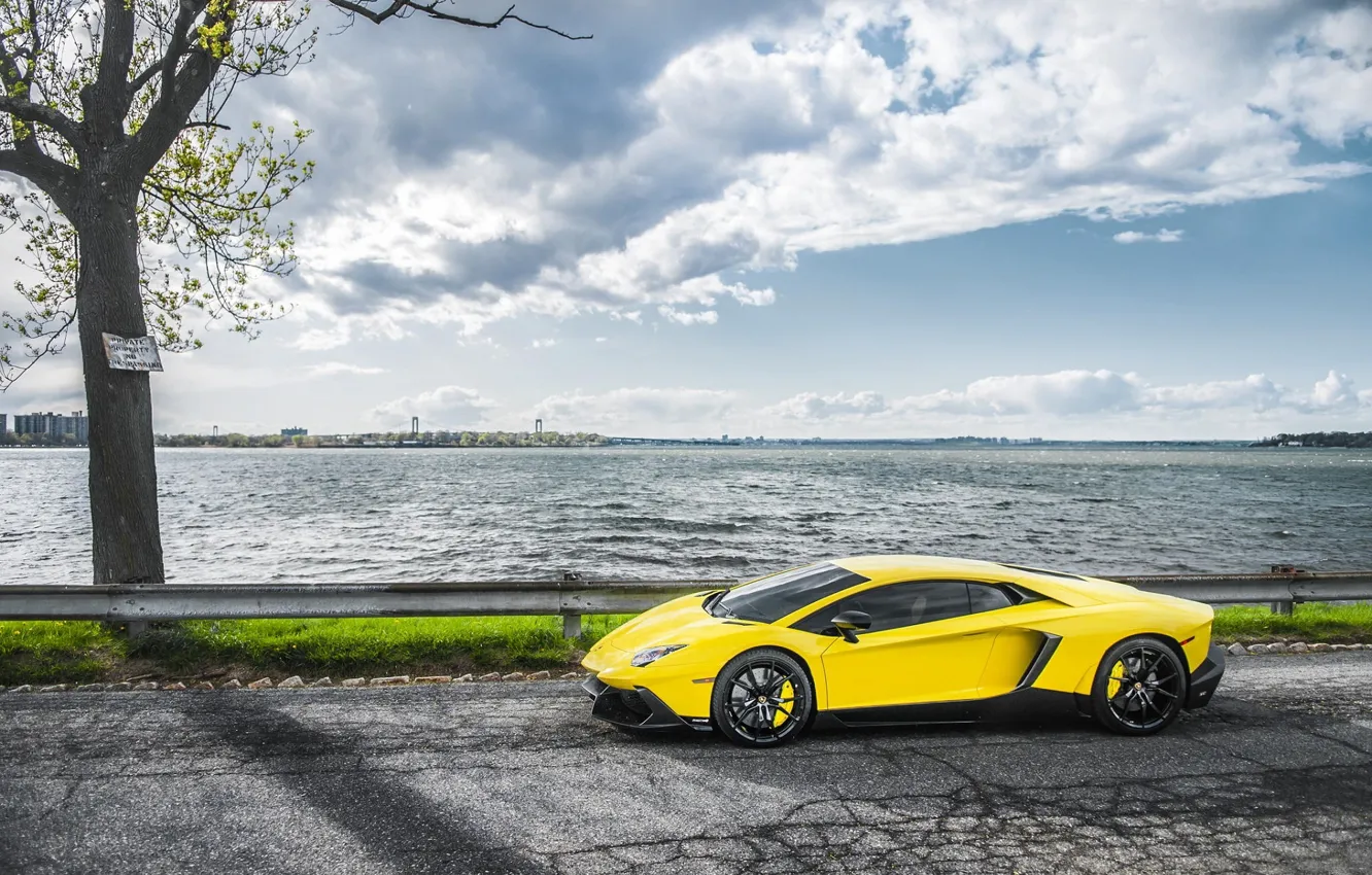 Photo wallpaper Sea, Road, Lamborghini, Supercar, Yellow, Aventador, Supercar, LP720-4
