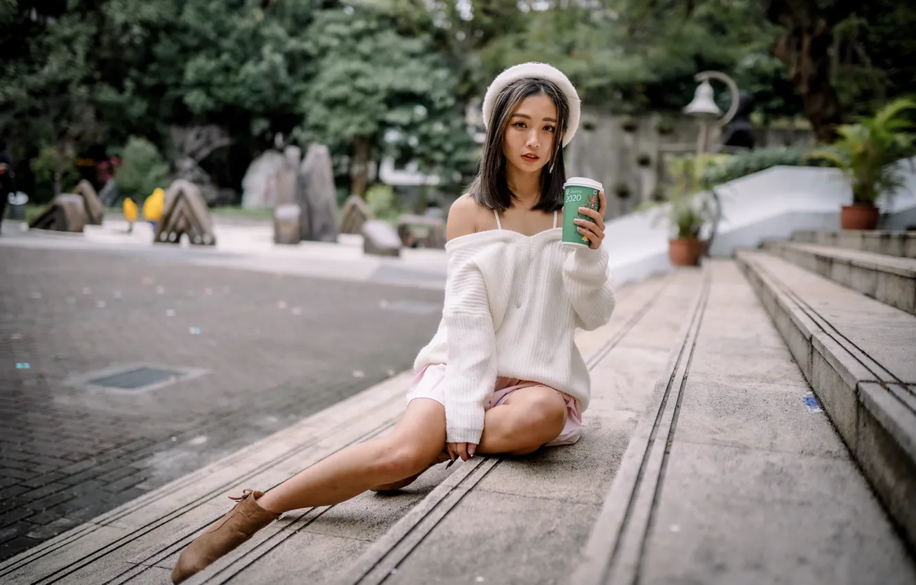 Photo wallpaper look, glass, pose, model, skirt, portrait, makeup, figure