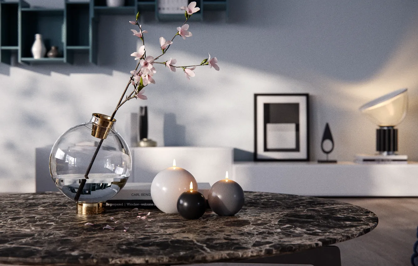 Photo wallpaper light, comfort, room, mood, candles, vase, flowering branch, interior with a natural mood