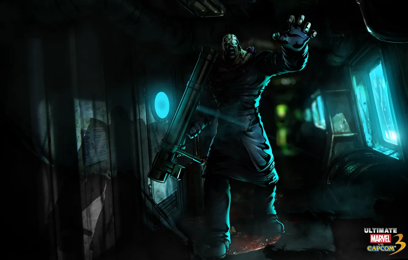 Photo wallpaper green, light, black, blue, Ultimate, Marvel, Capcom, Nemesis