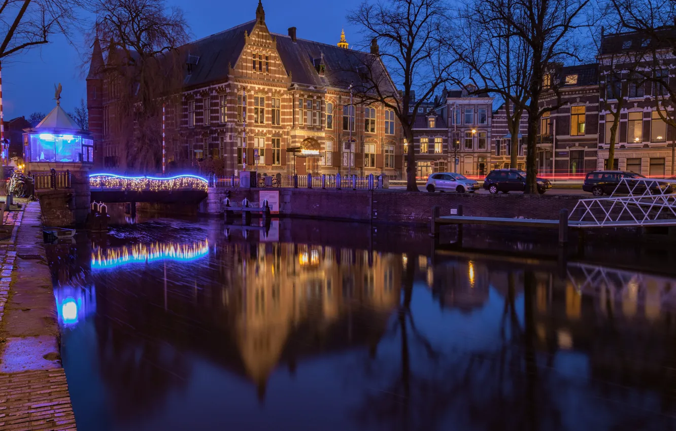 Photo wallpaper night, bridge, the city, river, home, lighting, Netherlands, Holland