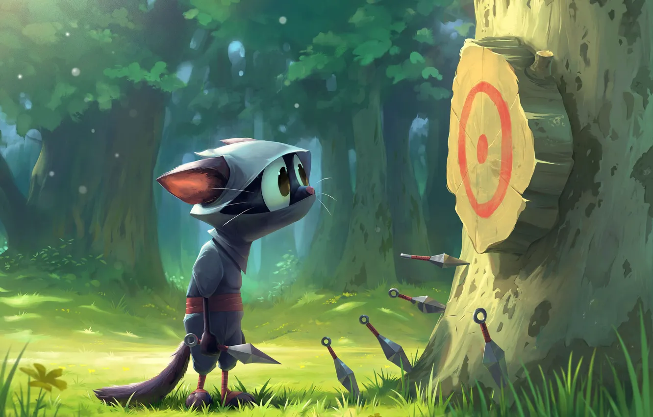 Photo wallpaper grass, look, trees, target, Ninja Cat