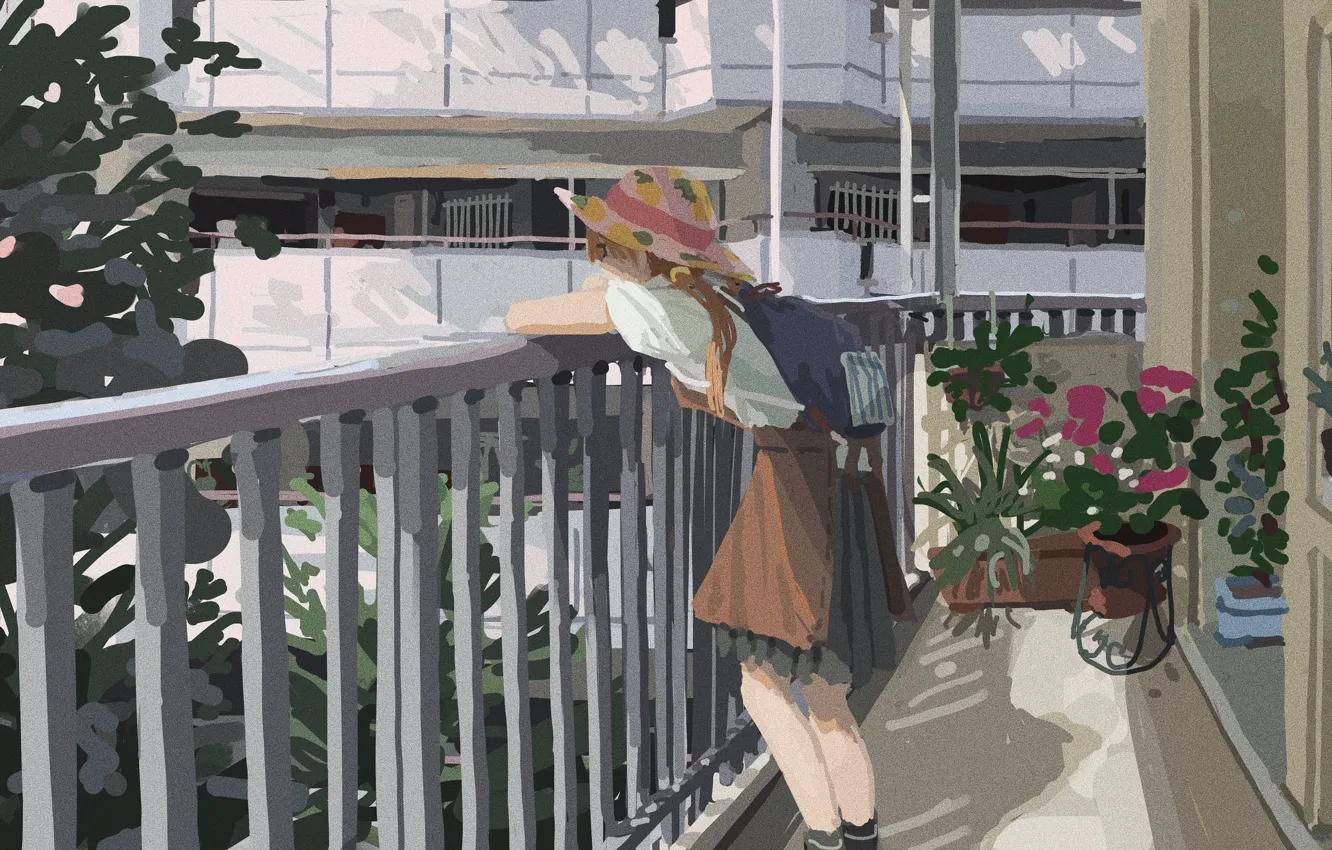 Photo wallpaper home, hat, railings, red, schoolgirl, backpack, plants and flowers, summer day