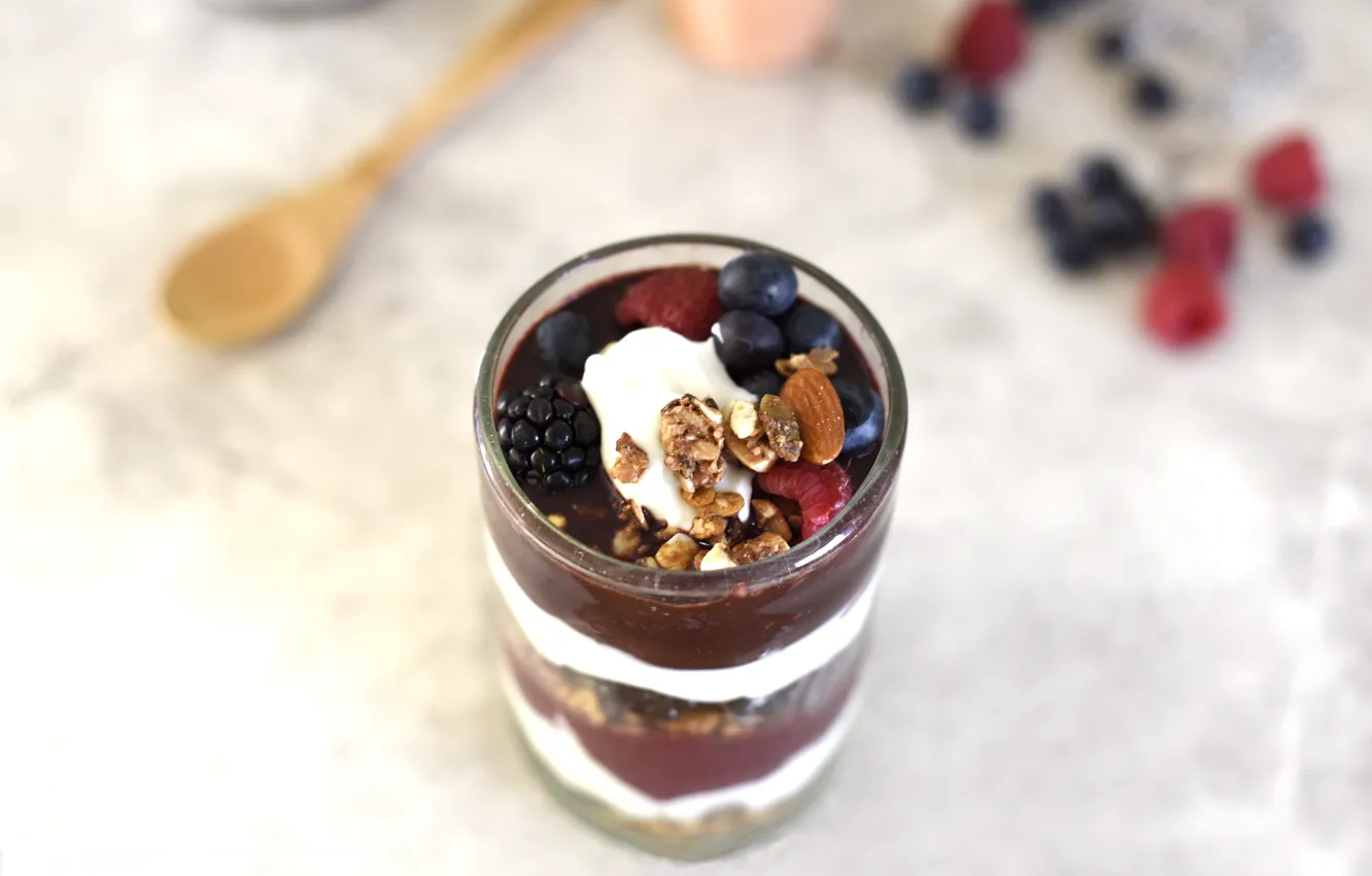 Photo wallpaper raspberry, chocolate, blueberries, nuts, dessert, BlackBerry, sweet, yogurt