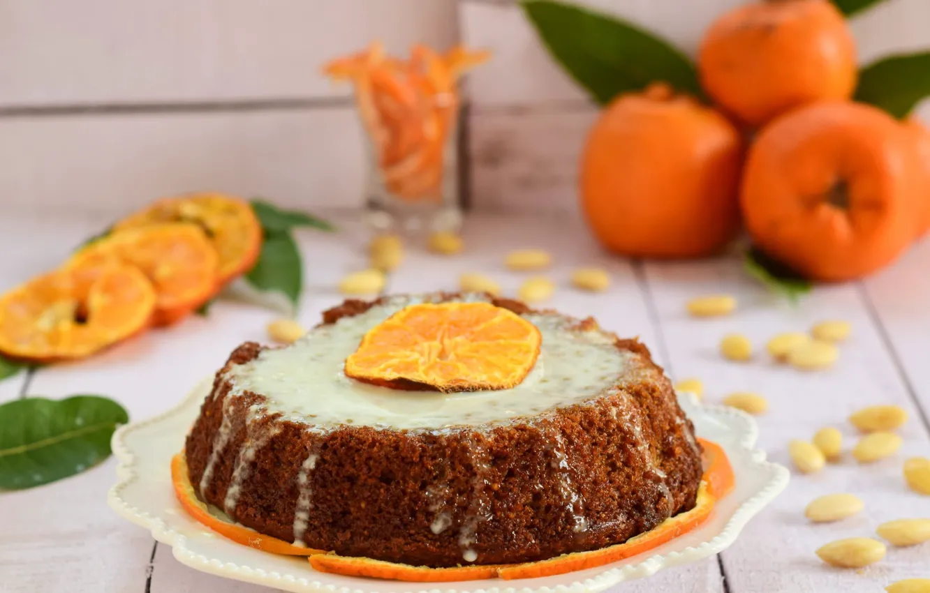 Photo wallpaper plate, pie, citrus, cream, sweet, tangerines