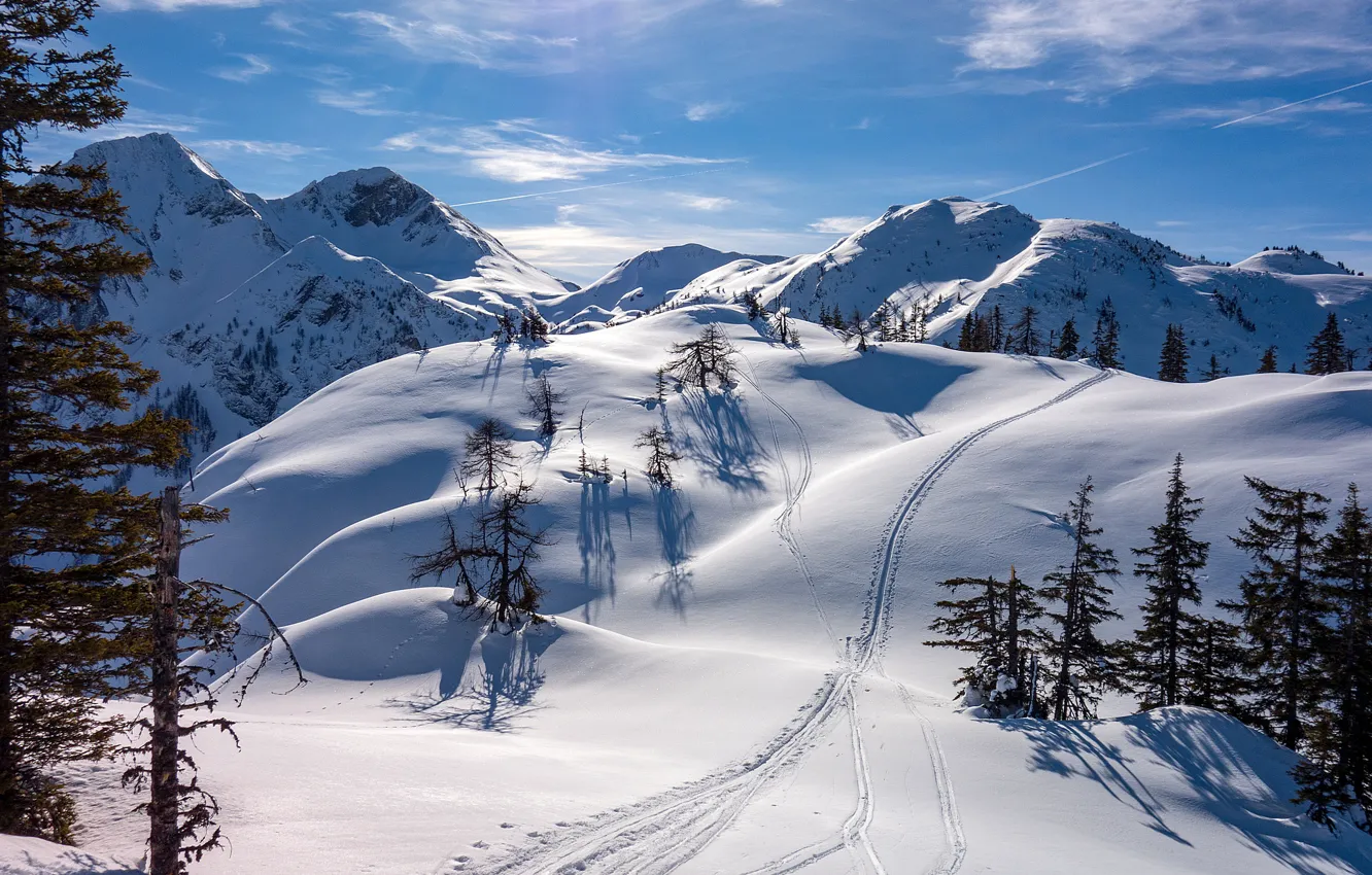 Photo wallpaper winter, the sun, snow, mountains, Austria