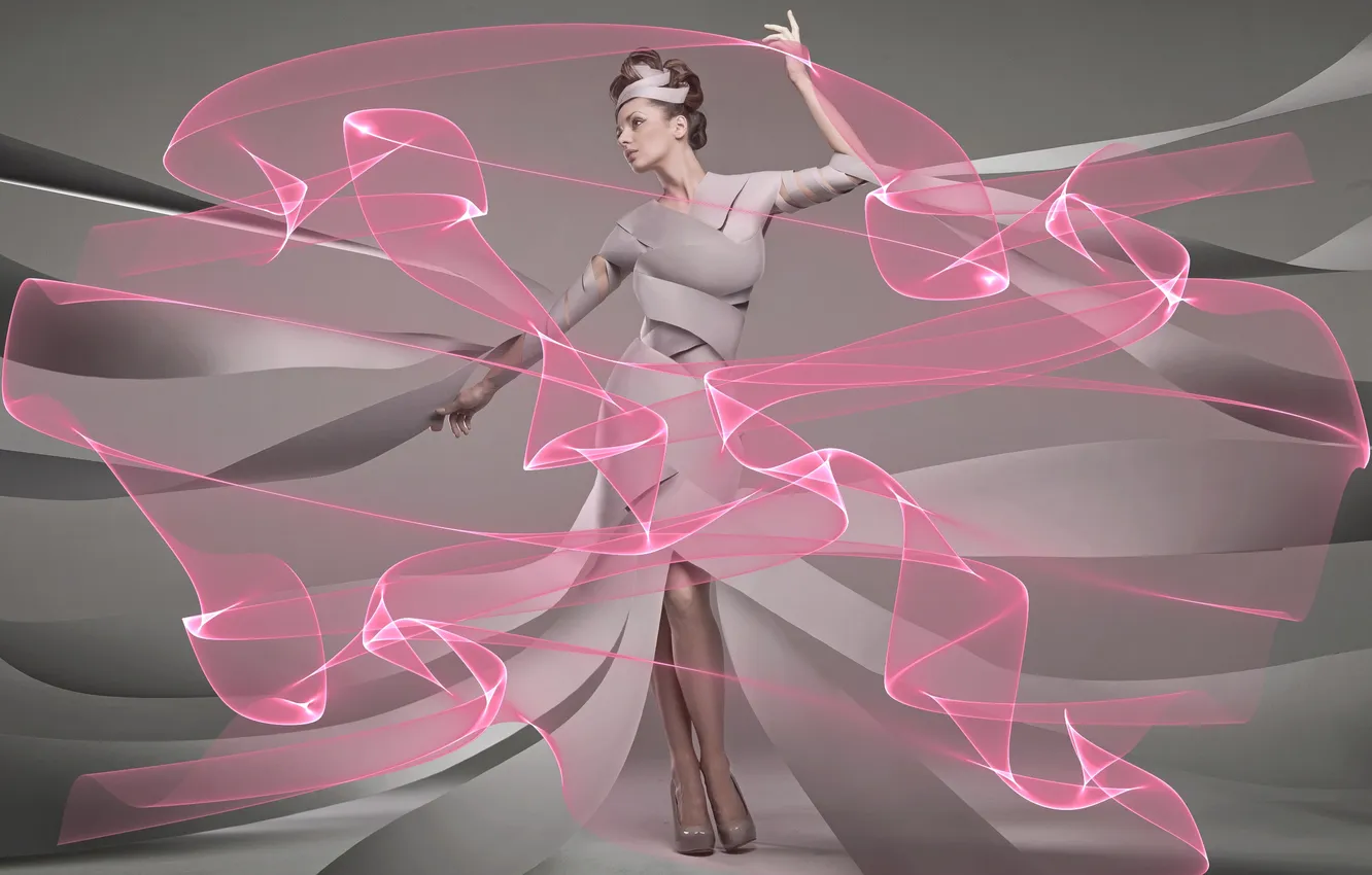 Photo wallpaper dance, grace, gesture, beautiful woman, pink ribbon