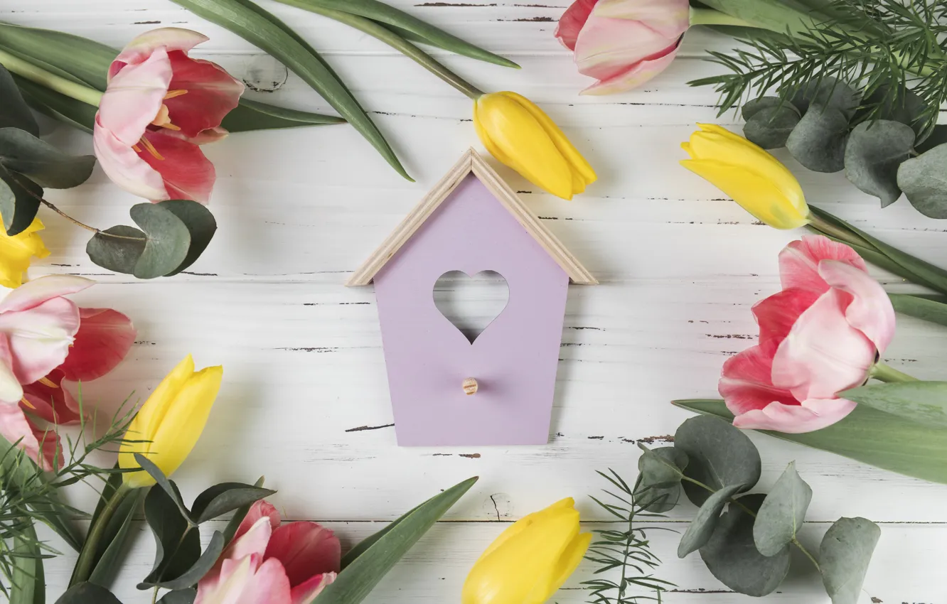 Photo wallpaper flowers, colorful, tulips, pink, yellow, pink, flowers, beautiful