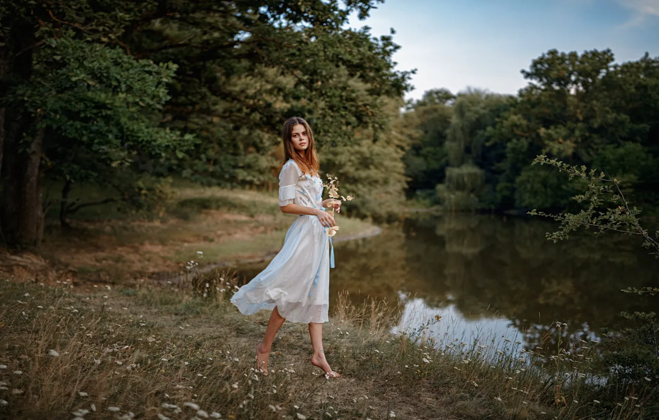 Photo wallpaper water, girl, trees, nature, pond, beauty, pond, George Chernyadev