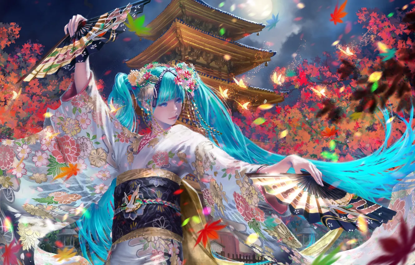 Photo wallpaper dance, Japan, fan, pagoda, kimono, vocaloid, the full moon, Hatsune Miku