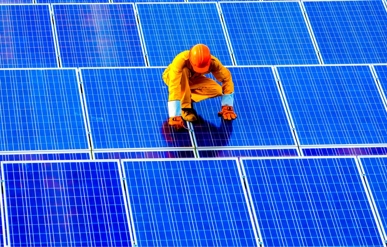 Photo wallpaper worker, solar panels, solar energy