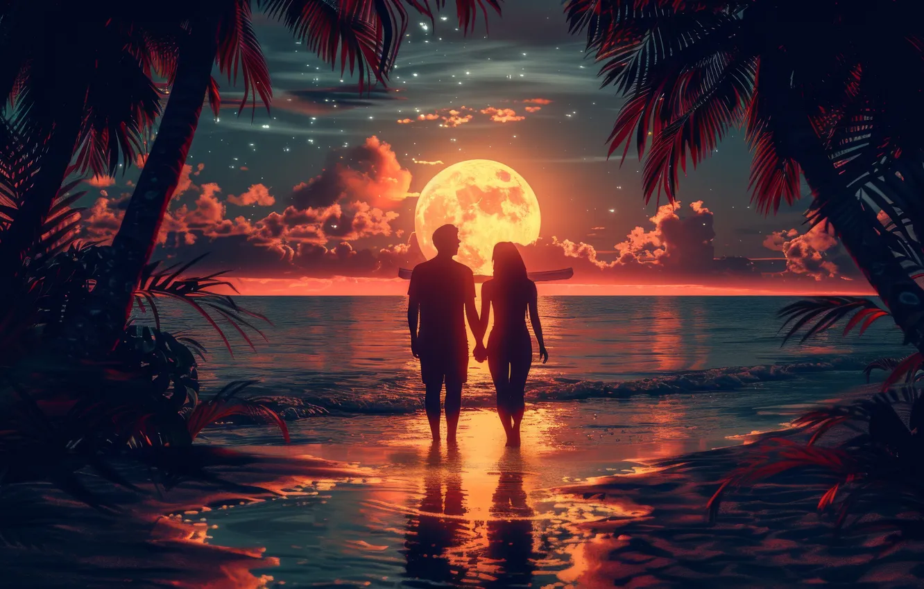 Photo wallpaper beach, palm trees, the ocean, the moon, moon, moonlight, beach, ocean