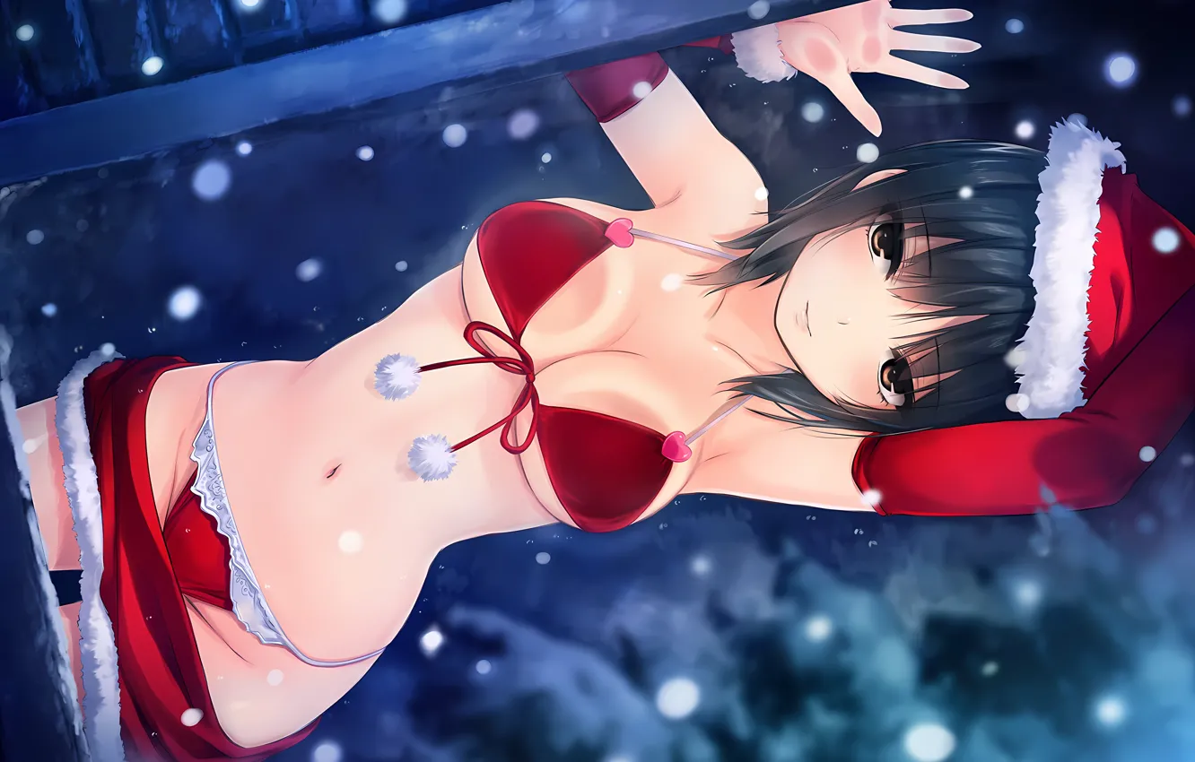 Photo wallpaper girl, sexy, lingerie, Christmas, bra, cleavage, panties, boobs