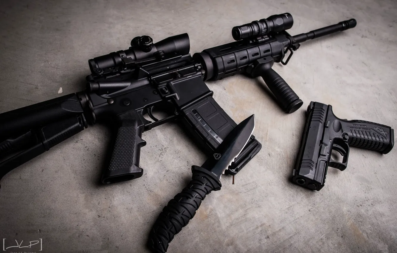 Photo wallpaper gun, black, knife, machine, concrete, assault rifle, Ar-15, kit