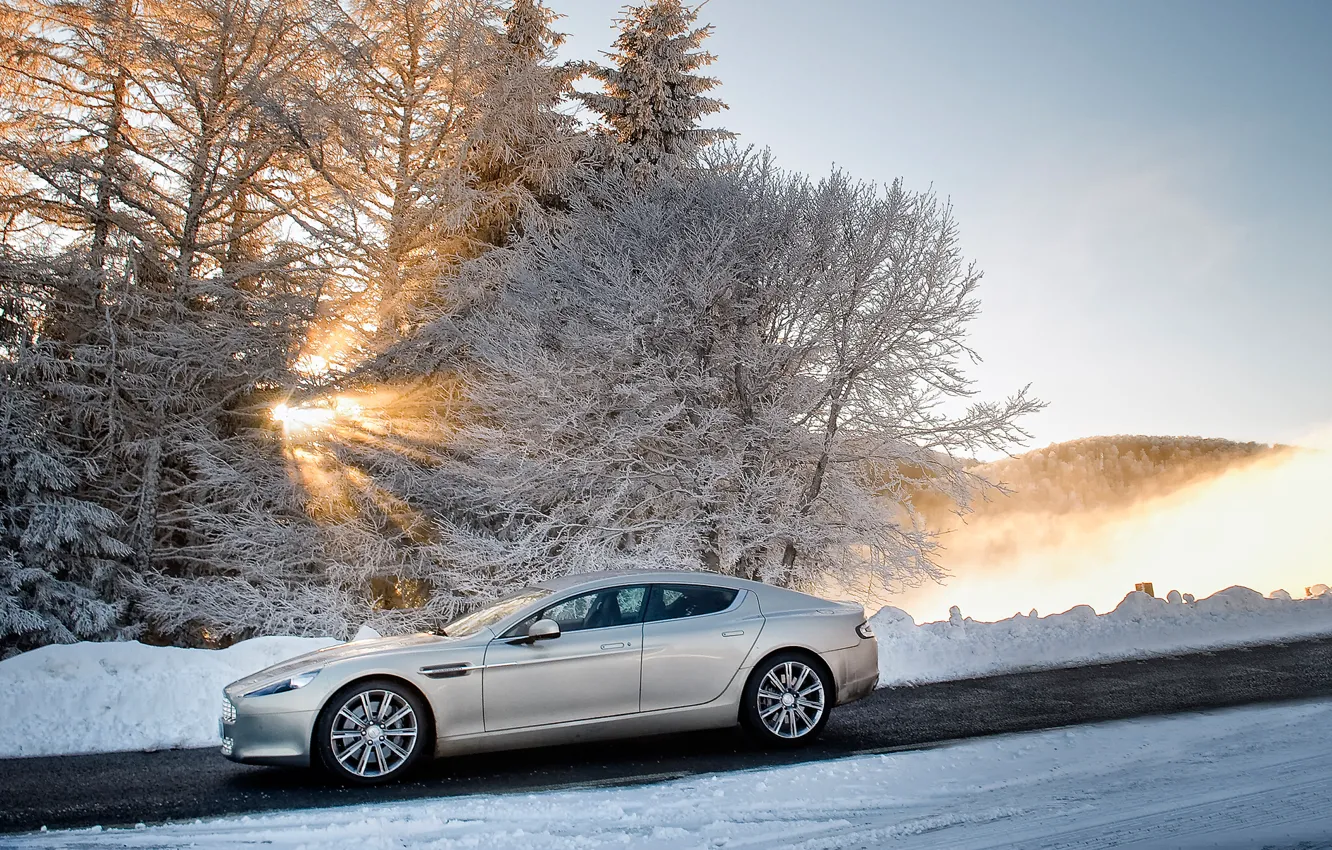 Photo wallpaper winter, the sky, the sun, snow, trees, Aston Martin, Rapide, sedan