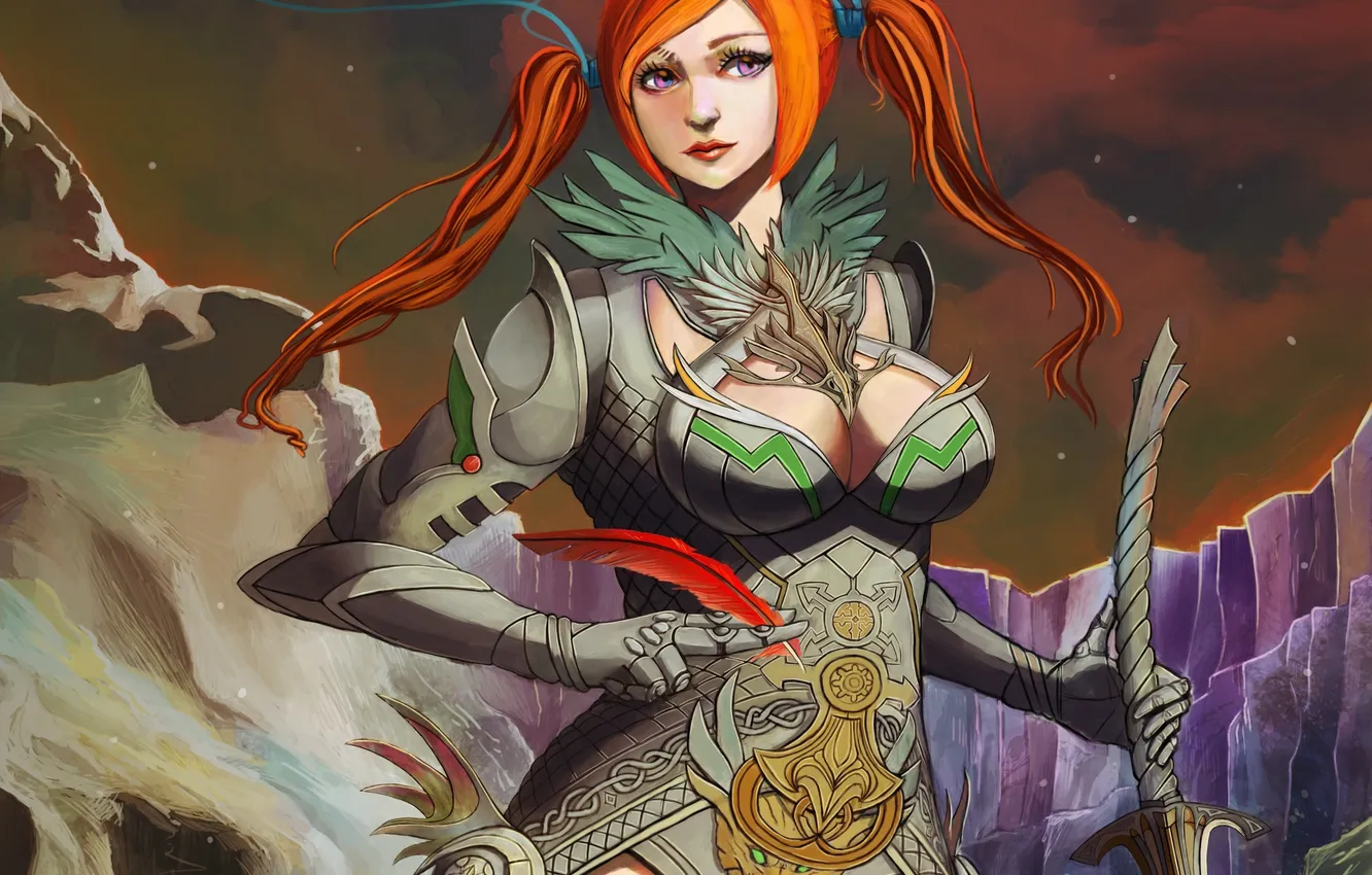 Photo wallpaper girl, sword, armor, feathers, fantasy, art, red, ponytail