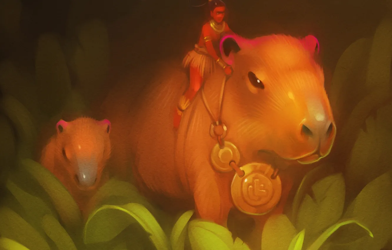 Photo wallpaper forest, grass, medallion, art, Capybara